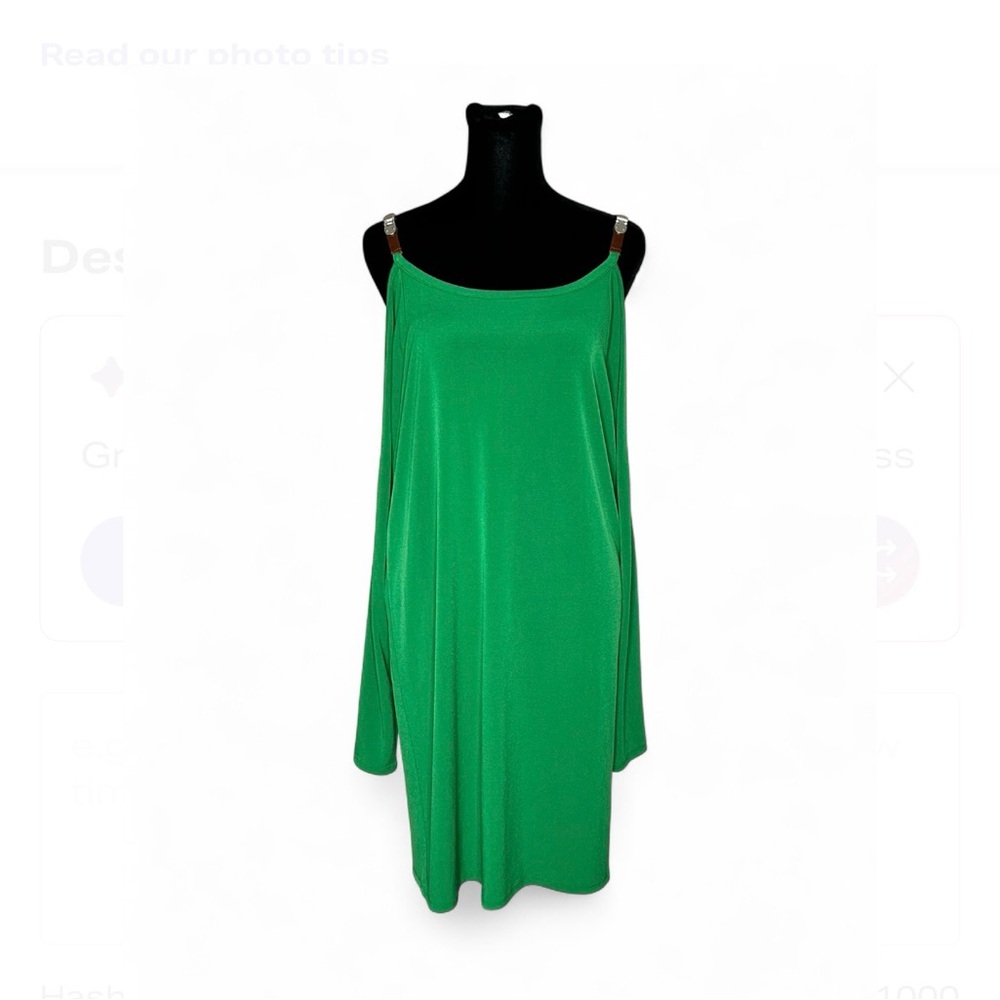 MICHAEL KORS Green Off The Shoulders Dress S, W/Leather Straps And Long Sleeves.